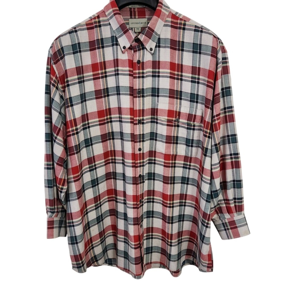 Cutter Buck Men"s 2XB Plaid Button Down Shirt Tall Red 100 % Cotton Long Sleeve
